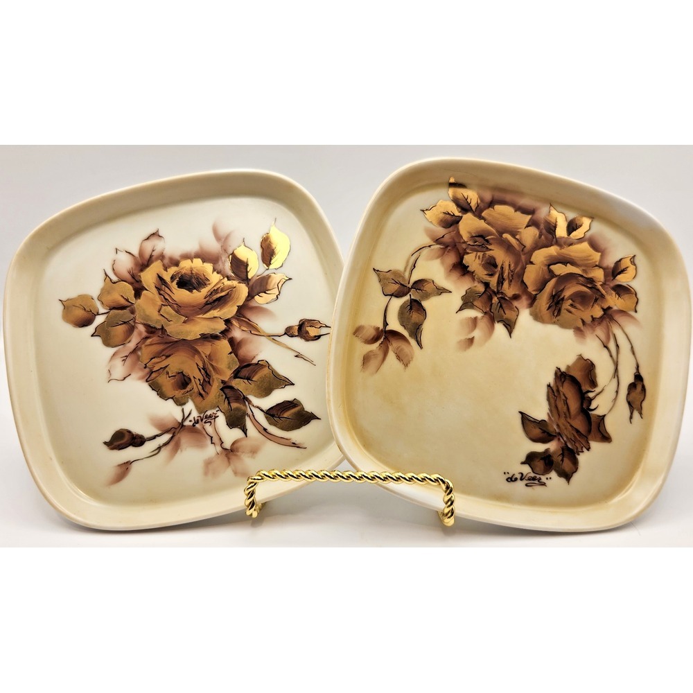 2 Signed Vintage Porcelain Hand Painted Small‎ Dishes with Roses & Gold Accents